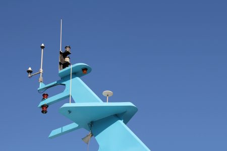 Ship antenna for navigation and communication on blue
tower