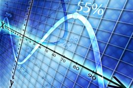 on a blue background shows a graph with curves showing the profit and loss
